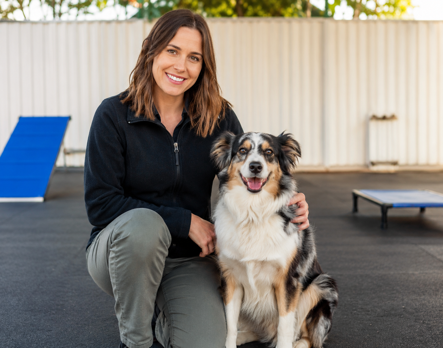 Trainer kneeling beside a happy dog